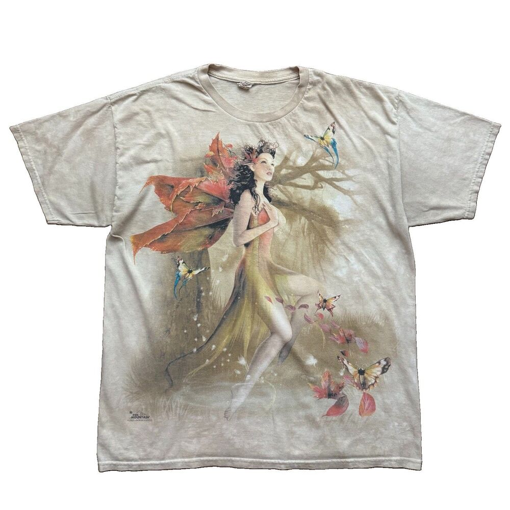 Vintage The Mountain Shirt Mens Large Beige Fairy Art Graphic 2003 Tie Dye